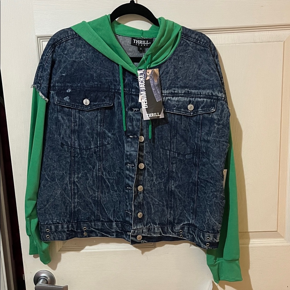 Thrill Blue Denim Jacket with Green Hoodie 1X